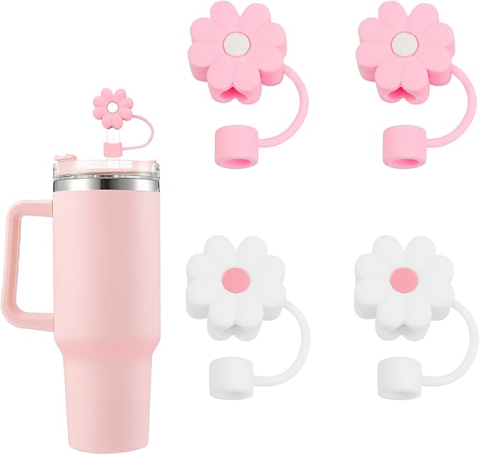 Silicone Straw Covers Toppers for Stanley Cups 30&40 Oz Tumbler Accessories Flower Straw Caps Black Blue Dust-Proof Reusable Straws Tips for Stanley Cup 10mm 0.4in Straws(4PCS)