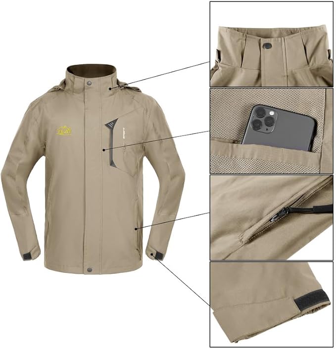 TEZO Mens Rain Jacket Waterproof with Hooded Hiking Coat Lightweight Windbreaker
