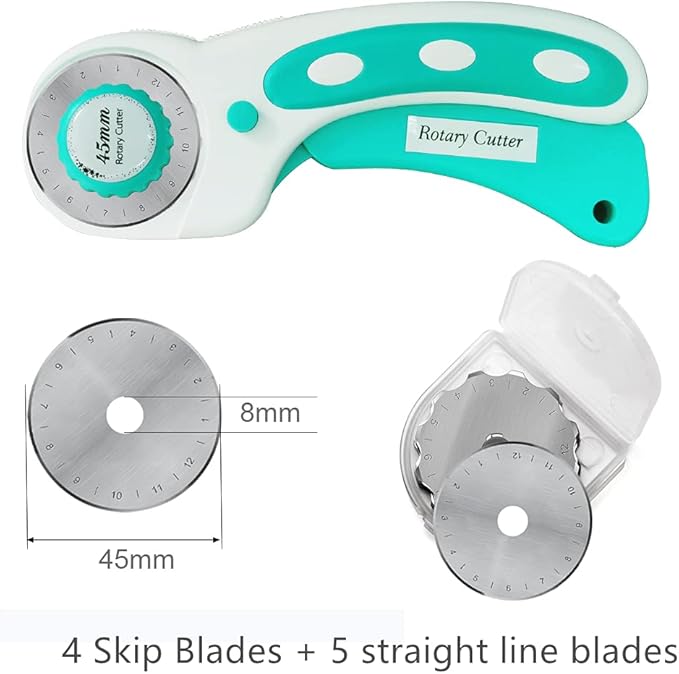 Headley Tools 45mm Rotary Cutter with 9pcs Extra Rotary Blades, Ergonomic Rolling Cutter with Safety Lock for Fabric, Sewing, Quilting, Cloth, Paper, Leather, Crafting, Fabric Rotary Cutter (Cyan)