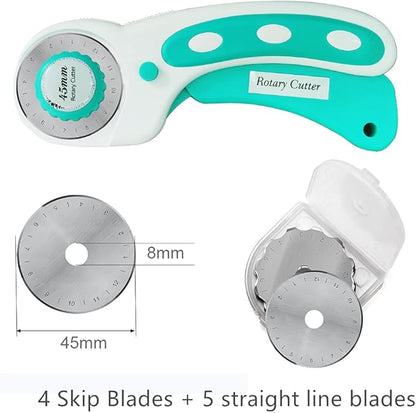 Headley Tools 45mm Rotary Cutter with 9pcs Extra Rotary Blades, Ergonomic Rolling Cutter with Safety Lock for Fabric, Sewing, Quilting, Cloth, Paper, Leather, Crafting, Fabric Rotary Cutter (Cyan)