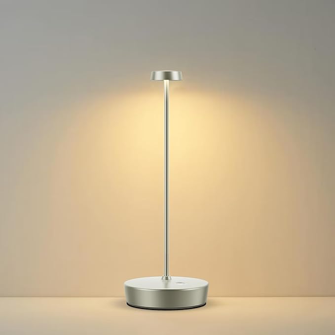 Cordless LED Table Lamp，Rechargeable Battery Desk Lamps, 3 Color Stepless Dimmable Metal Battery Table Lamps, Portable Table Light for Indoor/Outdoor/Restaurants/Bedroom/Bar