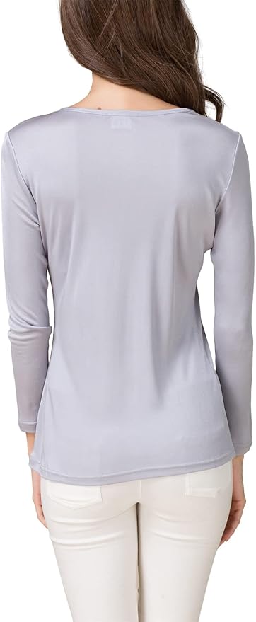 METWAY Women's Mulberry Silk T-Shirt Long Sleeve Pure Silk tee Shirt/Crew Neck Silk Blouse Undershirt