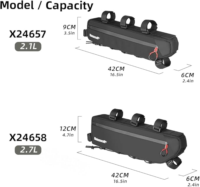 Rhinowalk Bike Frame Bag Waterproof, Top Tube Bicycle Bag with Side Compartments, Pump Holder, and Hidden Cable Port, (2.1L, Black)