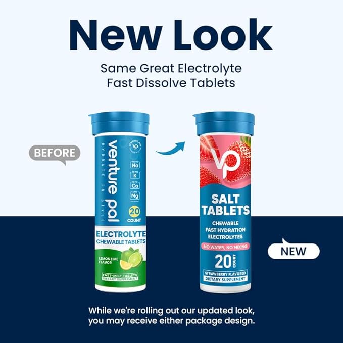 Venture Pal Chewable Electrolyte Tablets, 80 Count Fast-Dissolve Sugar-Free Stick Salt Tablets - Variety Pack for Rapid Hydration, Outdoor Running, Hiking, Sports | Keto & Vegan Friendly | 4 Pack