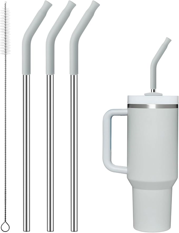 Reusable Metal Straws with Silicone Tip for Stanley 40oz,Stainless Steel Drinking Straws for 40oz Tumbler,3 Straight Tubes & 6 Tips& 1 Cleanr Brush(Ash)
