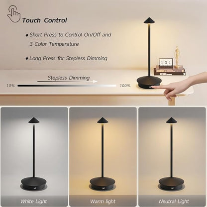 EJQ 2 Pack LED Rechargeable Cordless Table Lamps,Portable Outdoor 5000mAh Battery Operated Table Light Touch Control 3 Color Dimmable for Patio/Cofee/Restaurant/Camping/Dining/Bedroom-Black