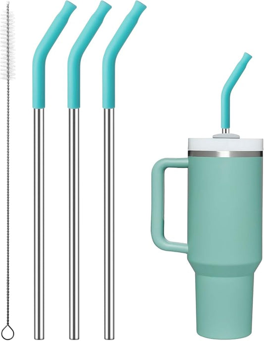 Reusable Metal Straws with Silicone Tip for Stanley 40oz,Stainless Steel Drinking Straws for 40oz Tumbler,3 Straight Tubes & 6 Tips& 1 Cleanr Brush(Jade)