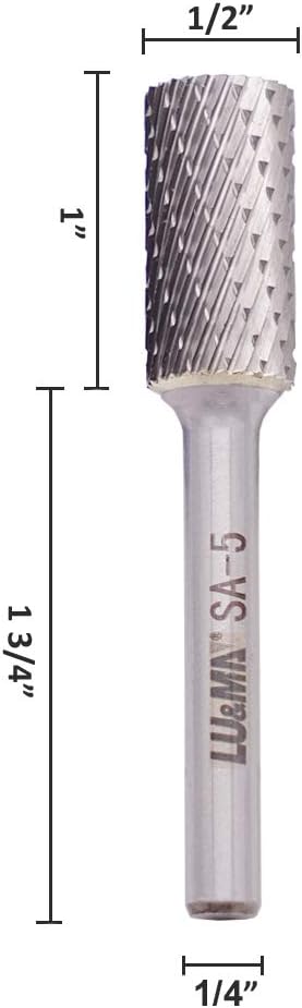 LU&MN SA-5 Tungsten Carbide Burr Cylinder Shape Double Cut Rotary Burr File(1/2” Cutter Dia X 1”Cutter Length) with 1/4'' Shank Dia,3PCS