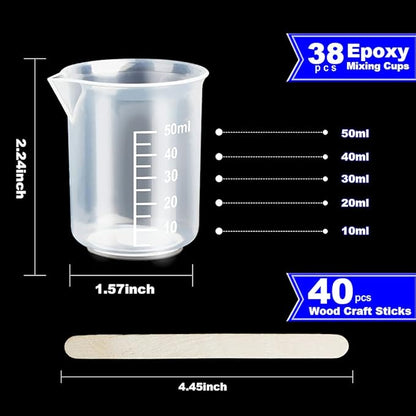 LEOBRO 50ml/1.7oz Epoxy Mixing Cups, 38PCS Graduated Epoxy Resin Cups, Pouring Cup, Plastic Beakers Measuring Cup for Resin, Epoxy, Acrylic Paint, with 40 PCS Wood Craft Sticks