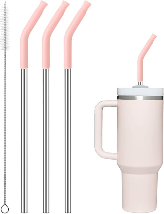 Reusable Metal Straws with Silicone Tip for Stanley 40oz,Stainless Steel Drinking Straws for 40oz Tumbler,3 Straight Tubes & 6 Tips& 1 Cleanr Brush(Rose Quartz)