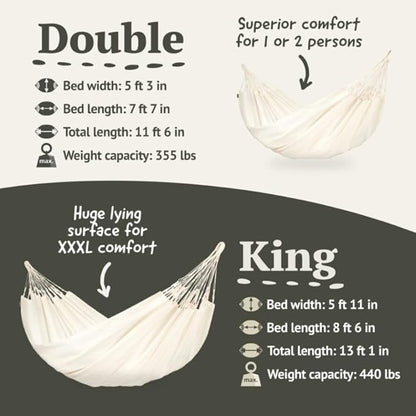 LA SIESTA Brisa Classic Hammock with Suspension Tree Straps, Handmade, Weather-Resistant, Tear-Resistant Hammock for Indoor & Outdoor Relaxation, Size-Double - Vanilla