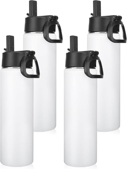 Neihepal 22 oz Insulated Water Bottles Bulk, Double Walled Vacuum Stainless Steel Water Bottle Multipack with Leak Proof Straw Lid for Men, Adults, Kids, Gym, Sports (White,4 Pack)