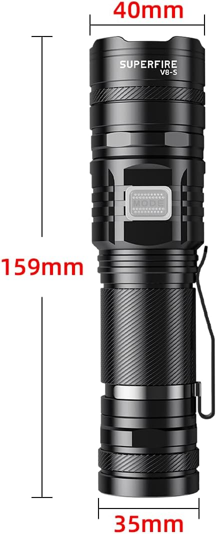 SuperFire Tactical Flashlight - 2300 Lumens Rechargeable LED Flashlight | 5 Modes & Clip | Long-Lasting & Dependable Light for Mechanics, Hiking, Camping, Emergency, Home Use (V8-S)