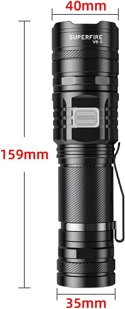 SuperFire Tactical Flashlight - 2300 Lumens Rechargeable LED Flashlight | 5 Modes & Clip | Long-Lasting & Dependable Light for Mechanics, Hiking, Camping, Emergency, Home Use (V8-S)