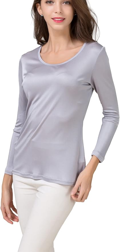METWAY Women's Mulberry Silk T-Shirt Long Sleeve Pure Silk tee Shirt/Crew Neck Silk Blouse Undershirt