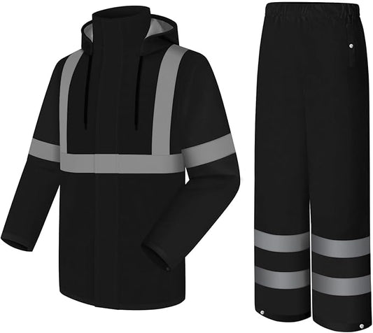 Rain Jacket, High Visibility Rain Coat and Pants, Waterproof Raincoat with Hood, Lightweight Rain Suit for Outdoor Activities, Rain Ponchos for Adults Reusable, Men Women, Black B, 4XL-5XL