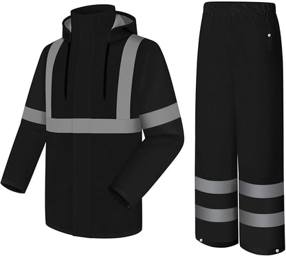 Rain Jacket, High Visibility Rain Coat and Pants, Waterproof Raincoat with Hood, Lightweight Rain Suit for Outdoor Activities, Rain Ponchos for Adults Reusable, Men Women, Black B, XXL-3XL