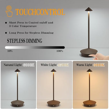 Cordless Table Lamp, 5000mAh Rechargeable Battery Powered LED Desk Lamp, Portable Touch Control Outdoor Table Lamps,3 Color Dimmable Light for Restaurant, Patio, Bedroom, Night Lamp (Brown)