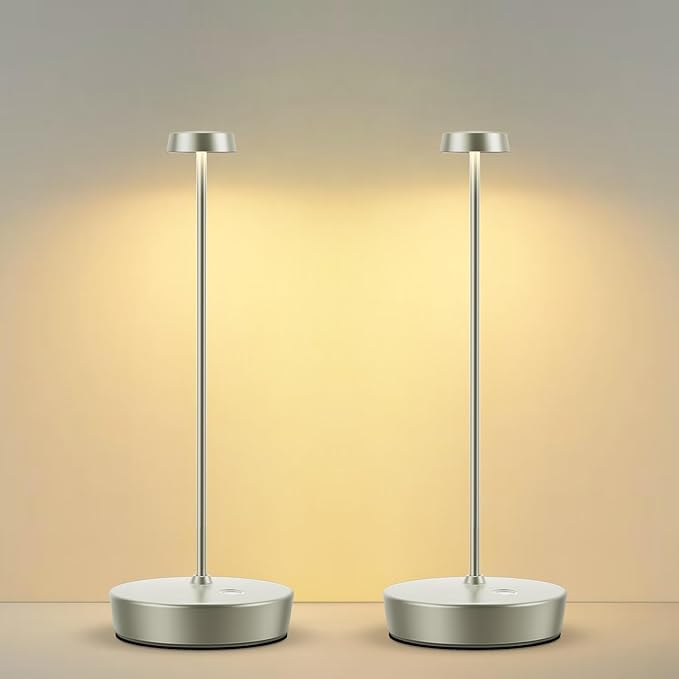 2Pack Cordless LED Table Lamp，Rechargeable Battery Desk Lamps, 3 Color Stepless Dimmable Metal Battery Table Lamps, Portable Table Light for Indoor/Outdoor/Restaurants/Bedroom/Bar