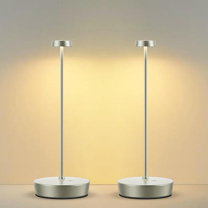 2Pack Cordless LED Table Lamp，Rechargeable Battery Desk Lamps, 3 Color Stepless Dimmable Metal Battery Table Lamps, Portable Table Light for Indoor/Outdoor/Restaurants/Bedroom/Bar