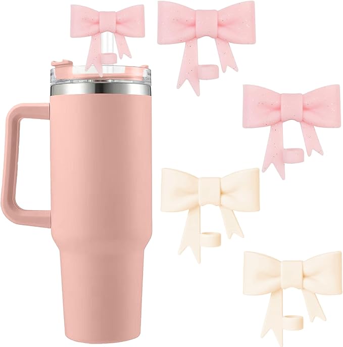 4Pcs Silicone Straw Toppers Covers for Stanley Cups 40/30oz 10mm(0.4in) Cream Dust-Proof Bow Straw Covers Toppers Flash Pink Suitbale for Stanley Cup Accessories Reusable Straws Caps