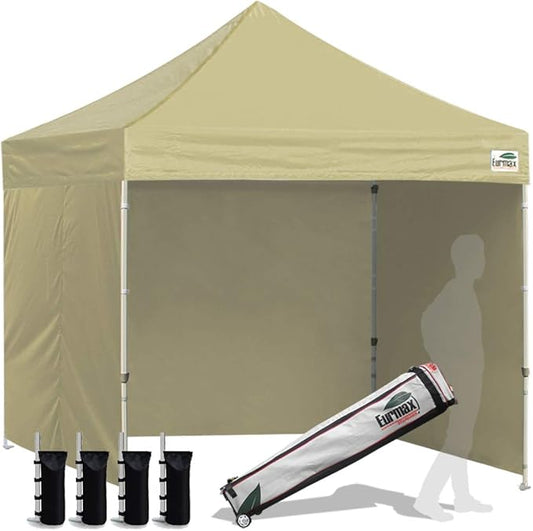 Eurmax USA 8'x8' Pop-up Canopy Tent Commercial Instant Canopies with 4 Removable Zipper End Side Walls and Roller Bag, Bonus 4 SandBags(Beige)