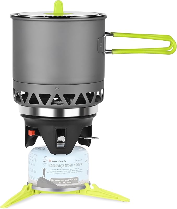 Hotdevil 1.2L Backpacking Camping Stove Cooking System with Piezo Ignition, Outdoor Portable Burner with Pot & Brackets Camp Stove Camping Stove Kit Propane, Ideal for Hiking Fishing Hunting Emergency