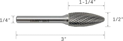 SH-5 Tungsten Carbide Burr Rotary File Flame Shape Double Cut (1/2” Cutter Dia X 1-1/4”Cutter Length) with 1/4'' Shank Dia by LU&MN