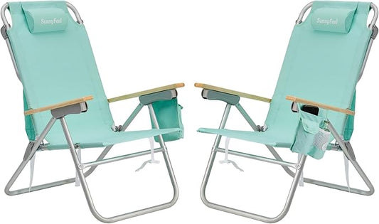 SUNNYFEEL High Back Folding Beach Chair, Tall Beach Chair with 3 Reclining Position, Portable Camping Chair for Adults with Wood Armrest, Lightweight Camping Chair 300 lbs Heavy Duty, Green, 2 Pack