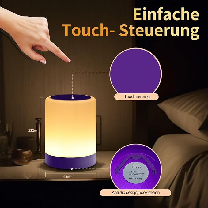 OORUN Touch Bedside Table Lamp,13 RGB Colors & 5 Brightness, USB Rechargeable Desk Lamp, Remote Control Dimmable Night Light with RGB Color Changing,Portable Lamp for Baby, Living Room (Purple)