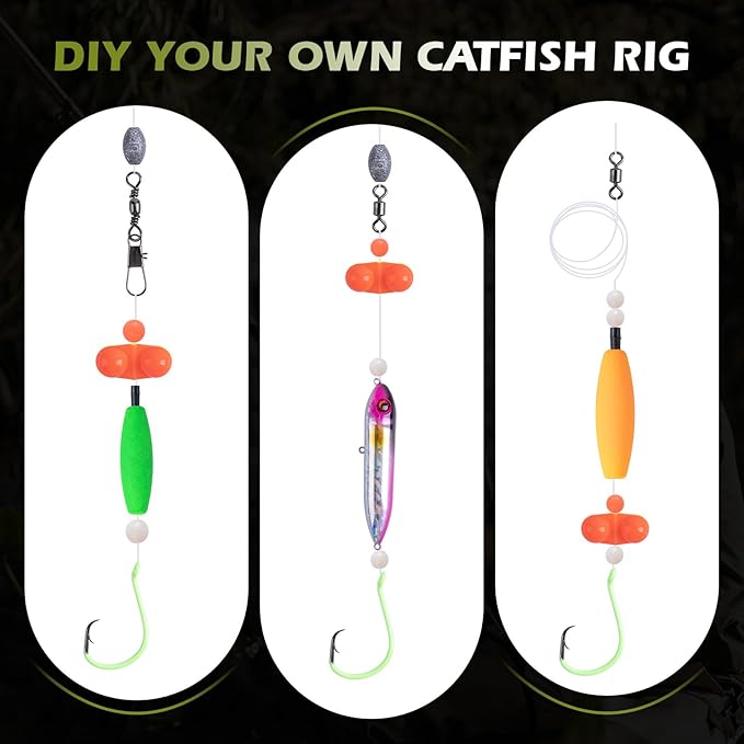 Goture Catfish Rig Making Kit,301pcs Catfishing Tackle with Luminous Fishing Hook Swivel Sinker Weights Rattle Float Bobber Stoppers,Catfish Rigs Accessories with 3600 Tackle Box,Gifts for Men