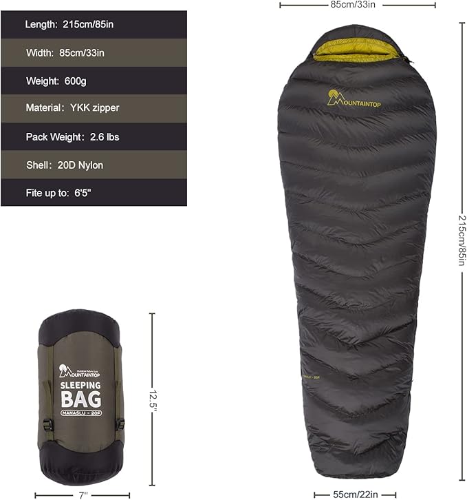 Mountaintop Ultralight Mummy Down Sleeping Bag 650 Fill Power Duck Down Suits for 32 Degree F for Camping Hiking Backpacking