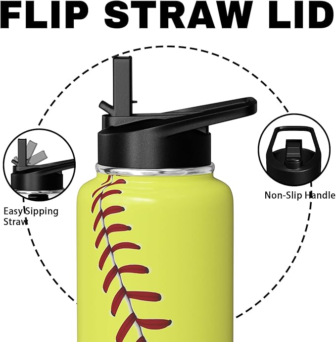 Softball Water Bottle 32oz Insulated Sports Water Bottles Softball Gifts for Men Women Gift for Coach Lovers Fan Players Stuff Accessories for Boys Girls