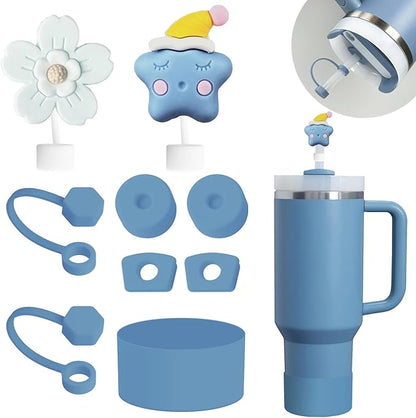 Stanley Cup Accessories Set Including 6 Pcs Silicone Spill Proof Stopper, 2 Pcs Straw Cover Cap for 9-10 mm Straws, 1 Pcs Silicone Boot for Stanley Cup 40oz & 30oz Tumbler (Indigo)