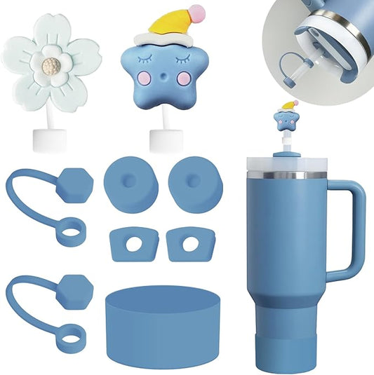 Stanley Cup Accessories Set Including 6 Pcs Silicone Spill Proof Stopper, 2 Pcs Straw Cover Cap for 9-10 mm Straws, 1 Pcs Silicone Boot for Stanley Cup 40oz & 30oz Tumbler (Indigo)