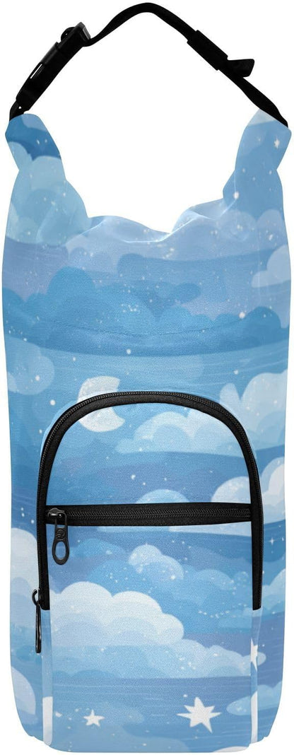 Blue Gradient Cloud and Stars Water Bottle Holder with Strap Insulated Water Bottle Carrier Crossbody Bags Pouch with Phone Pocket for Travel Gym Hiking Walking Running