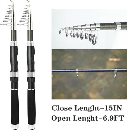 Fishing Pole Combo,2PCS 6.89ft Carbon Fiber Fishing Rods,Spinning Reels 170Pcs Worm Lure Kit Texas-Rigs-for-Bass Carrier Bag for Travel Freshwater