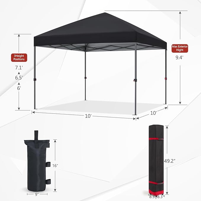 ABCCANOPY Pop Up Canopy - 10x10 Outdoor Patio Portable Canopy Tent Heavy Duty for Backyard and Deck with 4 Sandbags(Dark Black, 10x10)