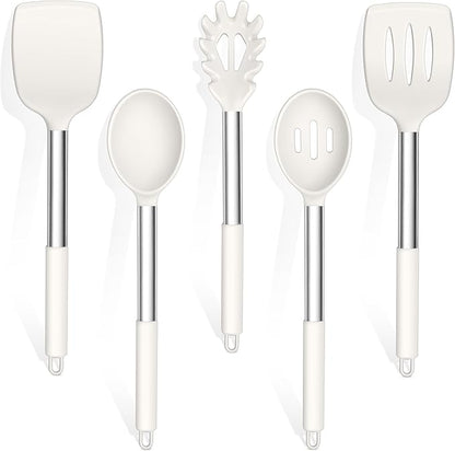 TeamFar Cooking Utensils Set, 5 Pcs Silicone Kitchen Utensils with Stainless Steel Handle, for Nonstick Cookware Flipping Frying Turning Draining, Heatproof & Healthy, Healthy & Easy Clean, White