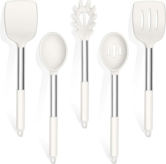 TeamFar Cooking Utensils Set, 5 Pcs Silicone Kitchen Utensils with Stainless Steel Handle, for Nonstick Cookware Flipping Frying Turning Draining, Heatproof & Healthy, Healthy & Easy Clean, White