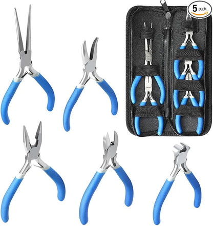LIFEGOO 5 Pieces Mini Pliers Set – Durable Precision Tool Kit for Crafts, Jewelry & DIY, Includes Long Needle Nose, Bent Nose, Diagonal, End Cutting, Nipper (Blue)