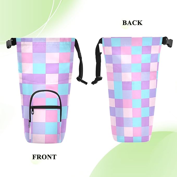 Purple Pink Checkered Water Bottle Holder with Strap Insulated Water Bottle Carrier Crossbody Bags Pouch with Phone Pocket for Travel Gym Hiking Walking Running