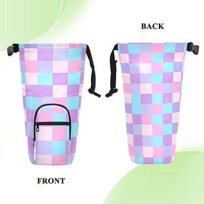 Purple Pink Checkered Water Bottle Holder with Strap Insulated Water Bottle Carrier Crossbody Bags Pouch with Phone Pocket for Travel Gym Hiking Walking Running