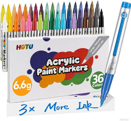 Acrylic Paint Markers Brush Tip 36 Colors, 300% More Ink marker 6.6g,Visible Ink Window,Free Flow, No-Bleed Waterproof Paint Pens for Canvas, Fabric, Rock, Wood, Egg, Paper,DIY Crafts