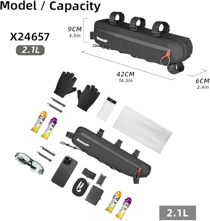 Rhinowalk Bike Frame Bag Waterproof, Top Tube Bicycle Bag with Side Compartments, Pump Holder, and Hidden Cable Port, (2.1L, Black)