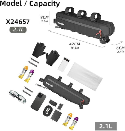 Rhinowalk Bike Frame Bag Waterproof, Top Tube Bicycle Bag with Side Compartments, Pump Holder, and Hidden Cable Port, (2.1L, Black)