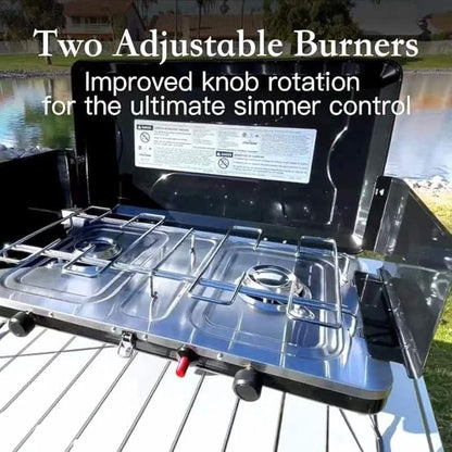 Camping Stove, 2 Burners Portable Propane camp Stove with Regulator, Integrated Igniter & Stainless Steel Drip Tray & Built-in Handle & Foldable Legs for Outdoor Cooking and Travel-20000 BTU
