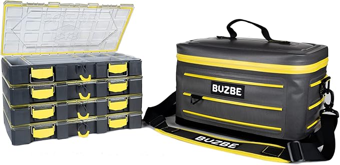BUZBE Swarm 28 Modular Dry Bag - Customizable Fishing Tackle Carrier, Airtight, Saltwater Ready, Grey and Yellow