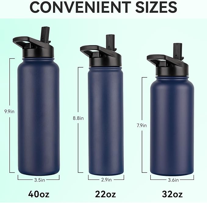 DOMICARE Insulated Water Bottle, 22 oz Vacuum Insulated Stainless Steel Reusable Sports Bottle with Straw Lid & Spout Lid for Travel, Camping, Bike, Leakproof, Navy Blue, 8 Pack