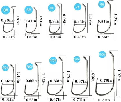 Baitholder Fishing Hooks 100pcs/ Pack Barbed Shank Down Eye Fishing Offset Hooks(8#-6/0)